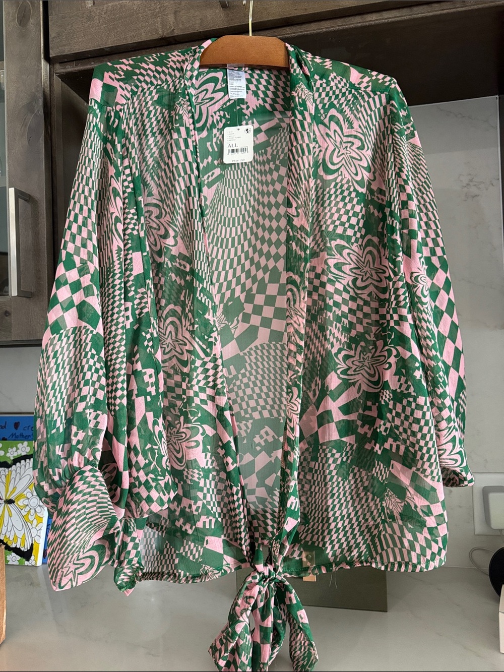 Free People Pink & Green Floral-Check Tie-Front Sheer Robe